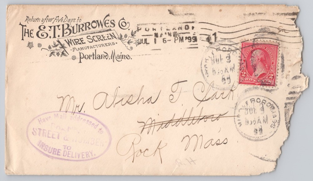 Portland, Maine E.T. Burrowes, Wire Screens, Un 1899 2c Postal History