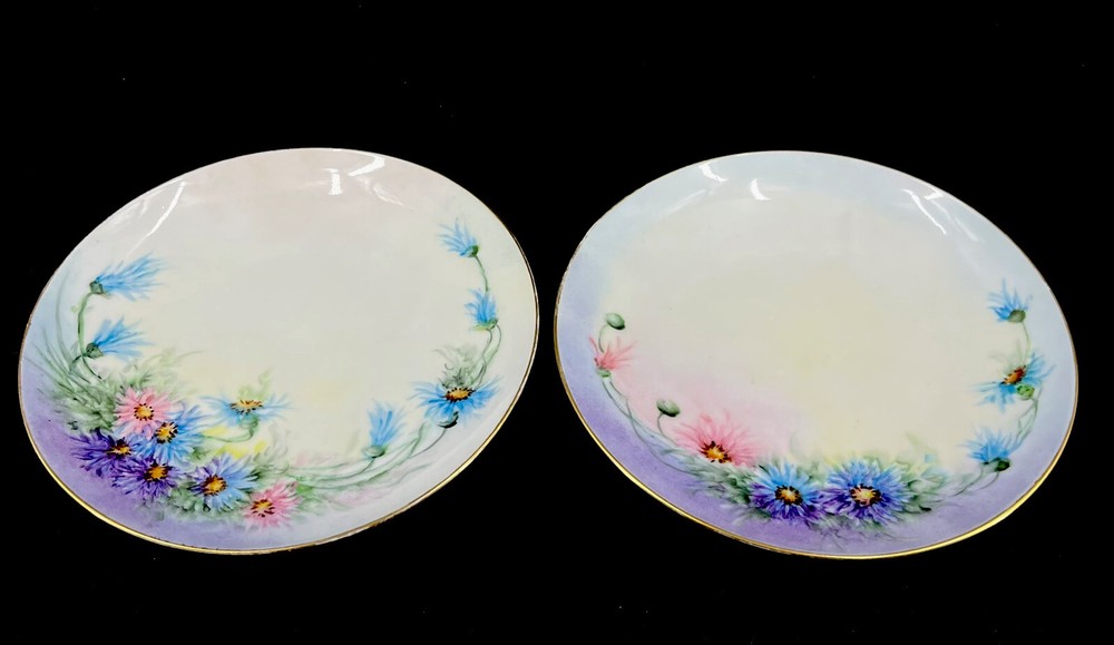 Pair of Vintage Artist Signed Hand Painted Floral Blue Purple Pink 6 1/4
