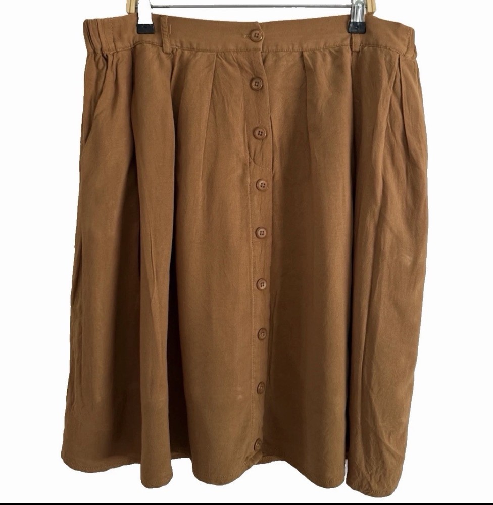 Modcloth Womens Button Front Skirt 1X Brown Yellow Elastic Waist