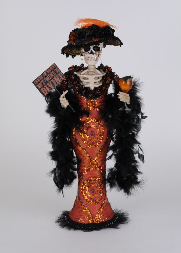 ELEGANT WINE SKELETON IN ORANGE GOWN HALLOWEEN FIGURINE