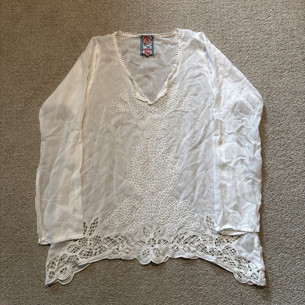 Johnny Was Blouse Womens Sz XS White Bohemian Lace Floral Cupra Rayon Designer