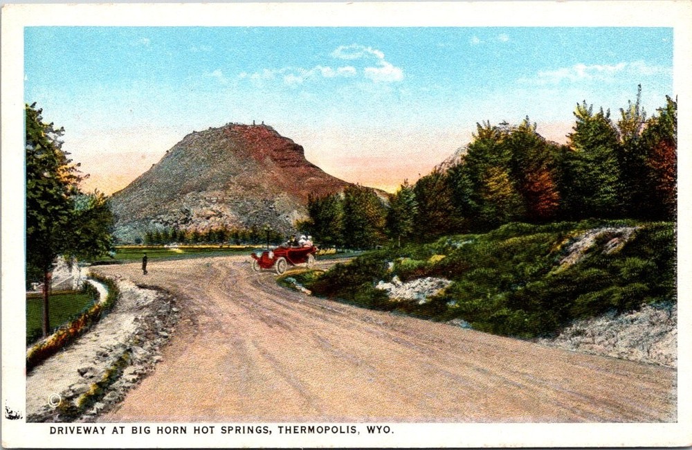c1920 Car On Driveway Big Horn Hot Springs Thermopolis Wyoming Vintage Postcard