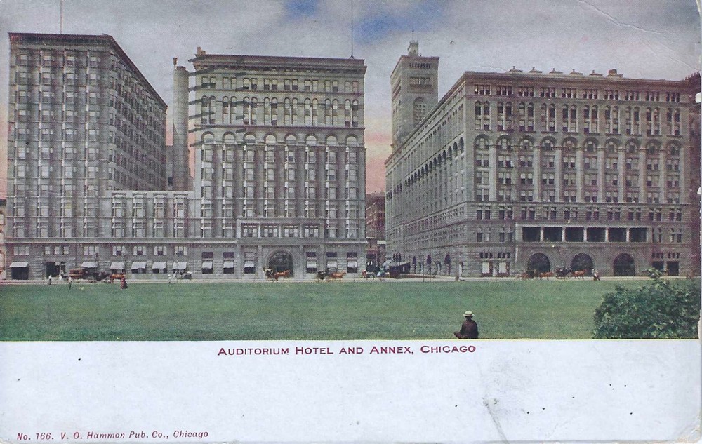 1908 Chicago Illinois ~ Auditorium Hotel & Annex Postcard ~ Horse-Drawn Carriage