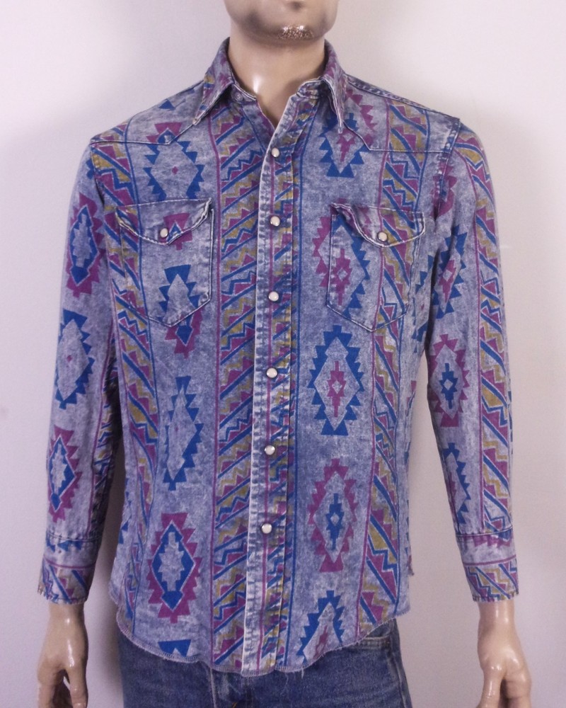 vintage 80s 90s Wrangler RARE Acid Wash Denim Southwestern Shirt Brushpopper M