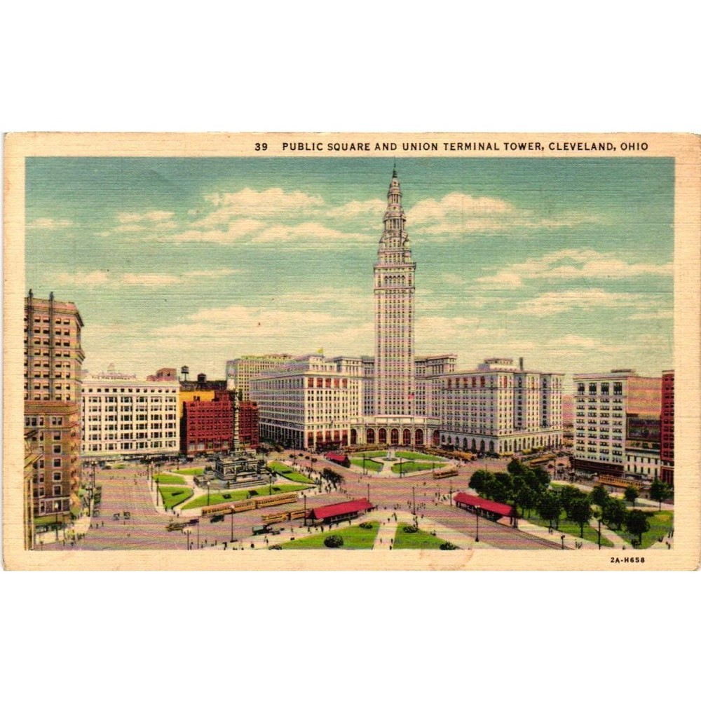 Vintage 1940 Cleveland Ohio Public Square Union Terminal Tower Linen Postcard