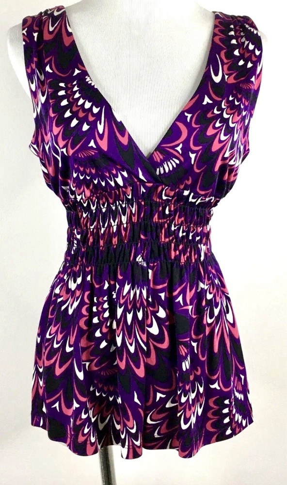TRINA TURK sz LARGE 100% SILK SMOCKED WAIST SLEEVELESS TANK BLOUSE Psychedelic