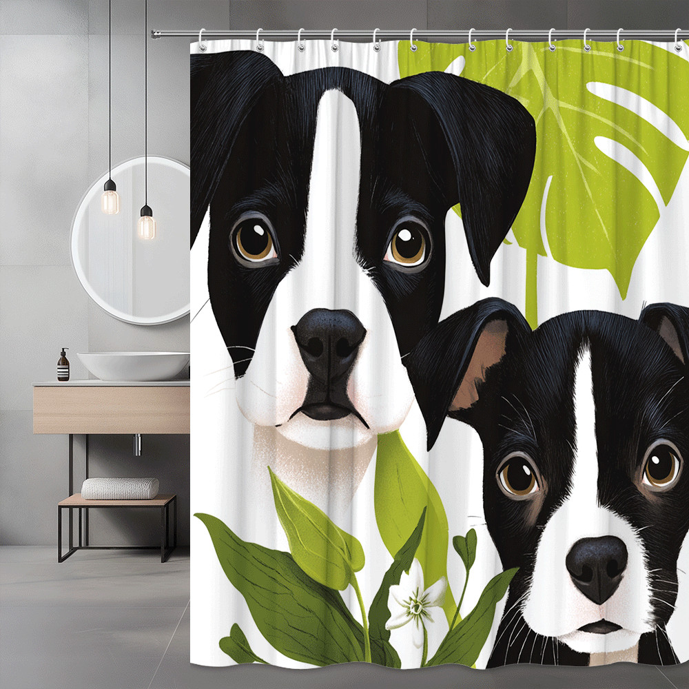Dog Face Shower Curtain Black White Green Floral Print