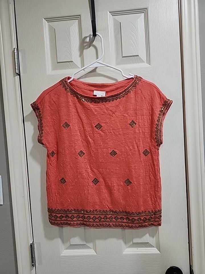 J Jill Linen Short Sleeve Shirt Top Women Size XS  Petite  Coral Sequins Boho