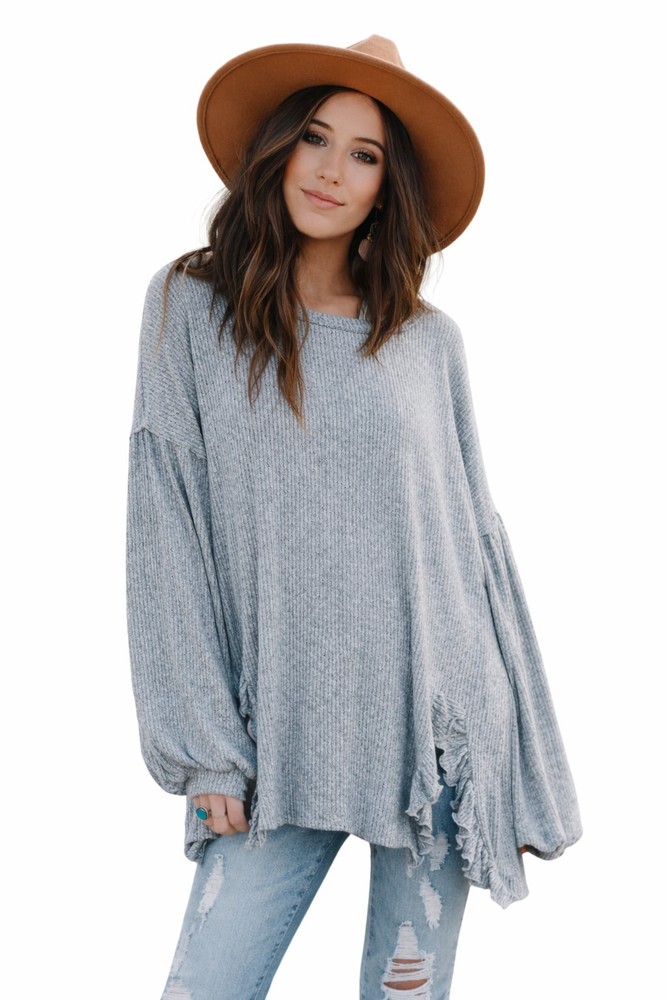 Three Bird Nest Gray Ribbed Oversized Ruffle Charlie Cozy Top M