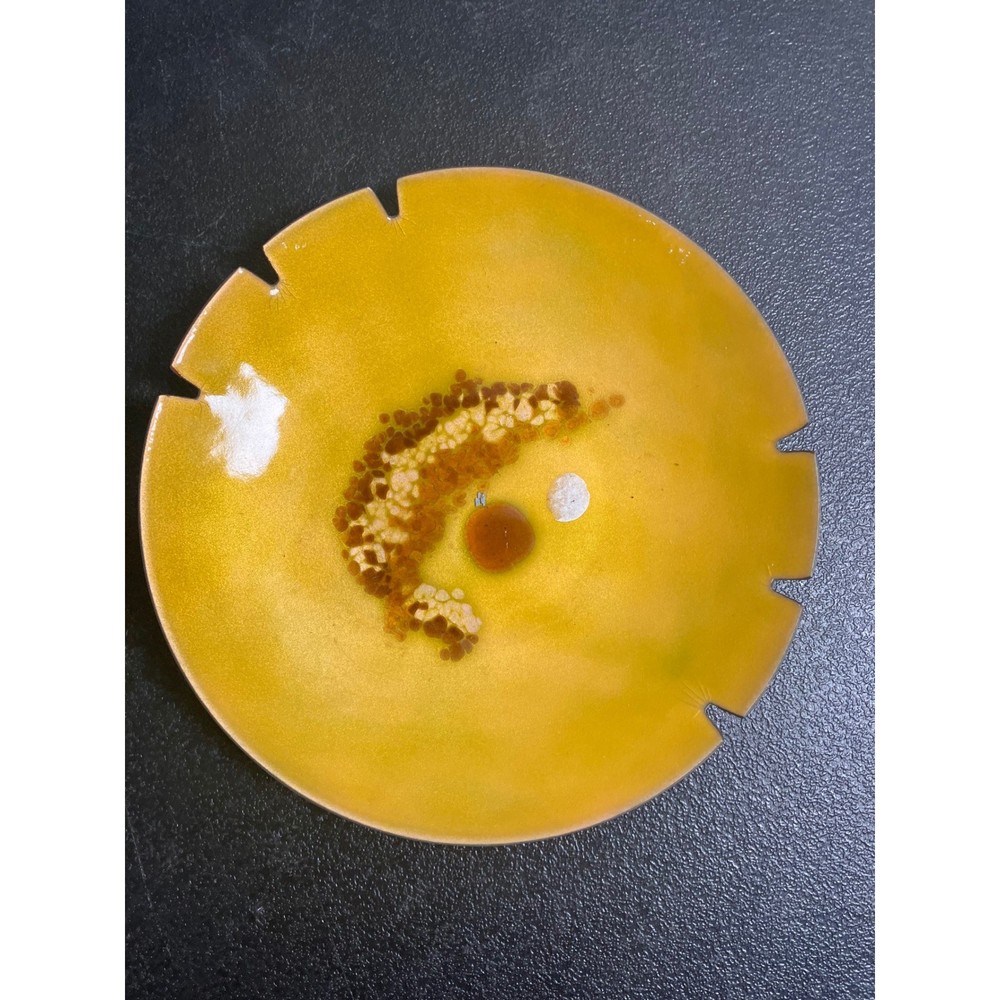 Mid Century Modern Enamel on Copper Notched Edge Ashtray Yellow Abstract  Decor