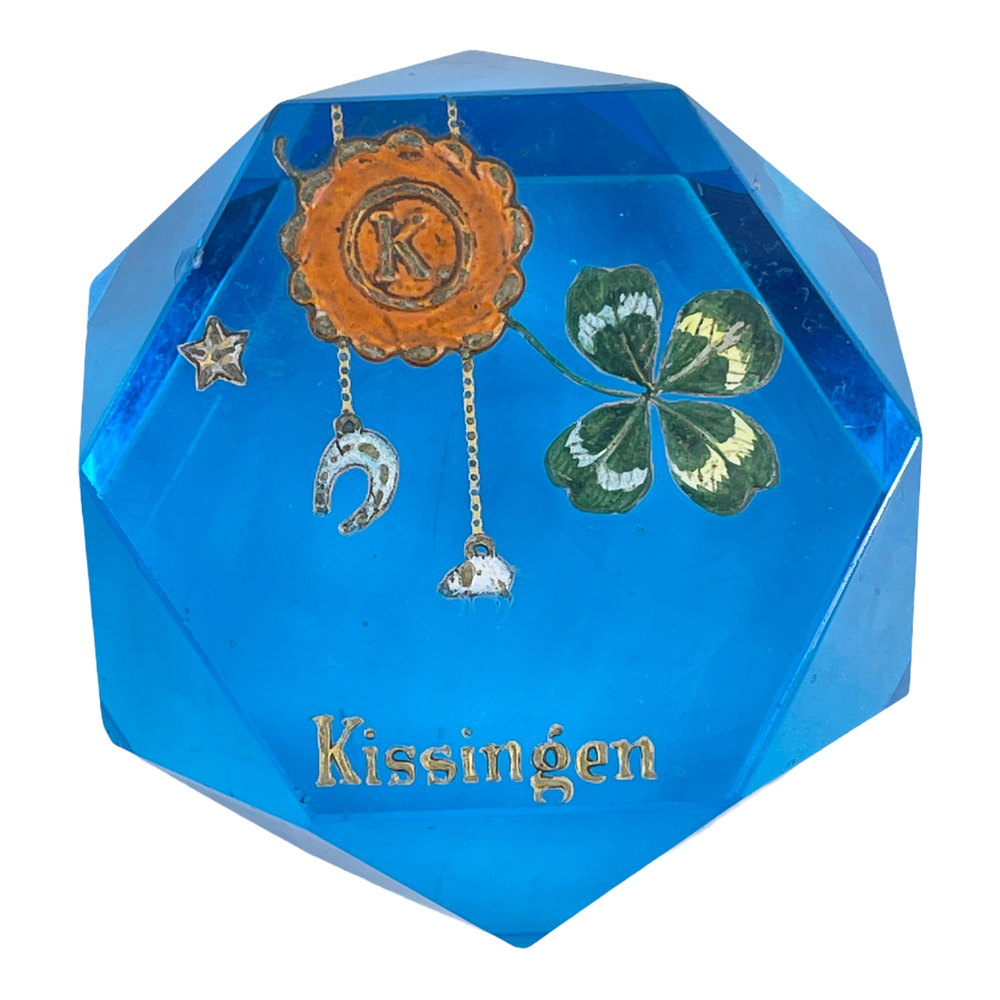Vintage Crystal Art Glass Blue Faceted Paperweight Hand Painted Kissingen Clover