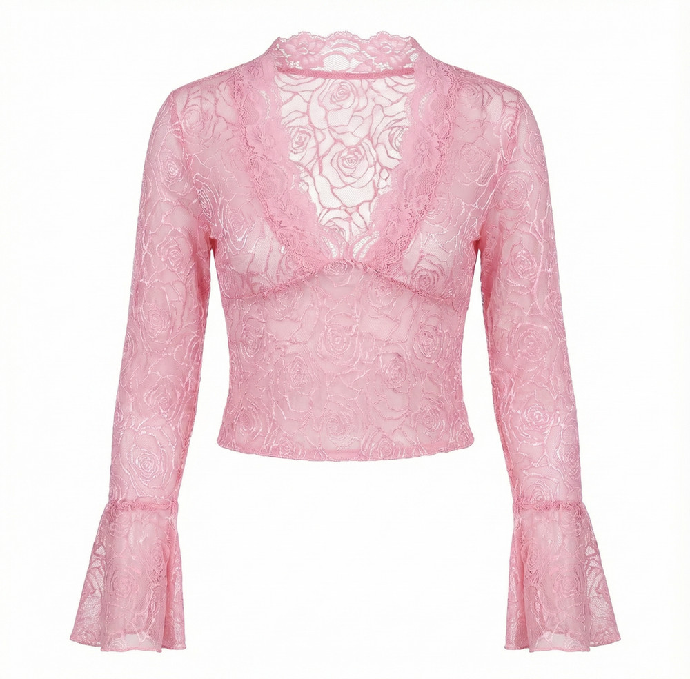 Babydoll Lace Bell Sleeve Top Womens L Pink Sheer Y2K Coquette Fairy Floral Boho