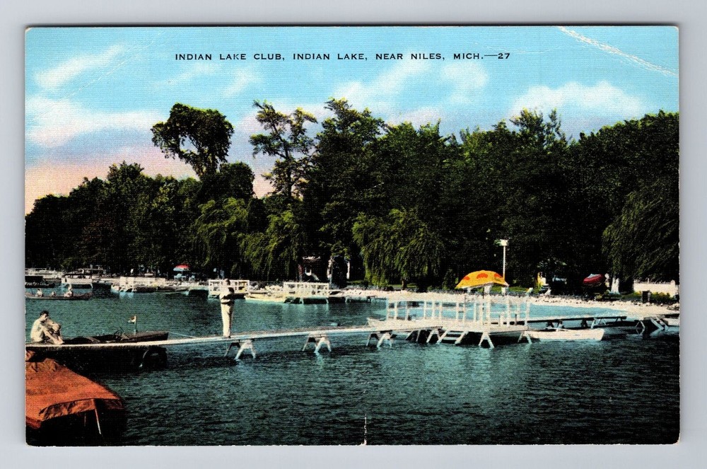 Niles MI-Michigan, Indian Lake Club and Lake, Antique Vintage Souvenir Postcard