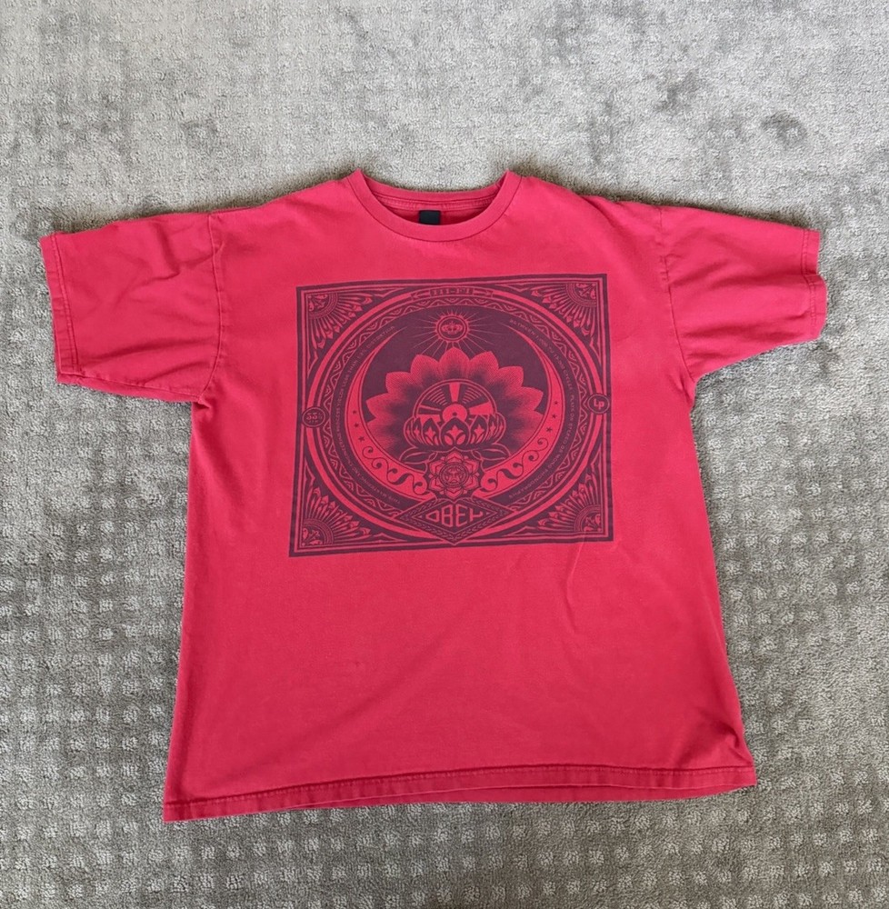 OBEY Red Graphic Print Cotton Men's Crew Neck Short Sleeve T-Shirt Size L