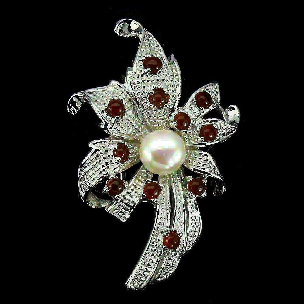 Silver Brooch Red Carnelian Creamy White Pearl Genuine Gems Solid Sterling