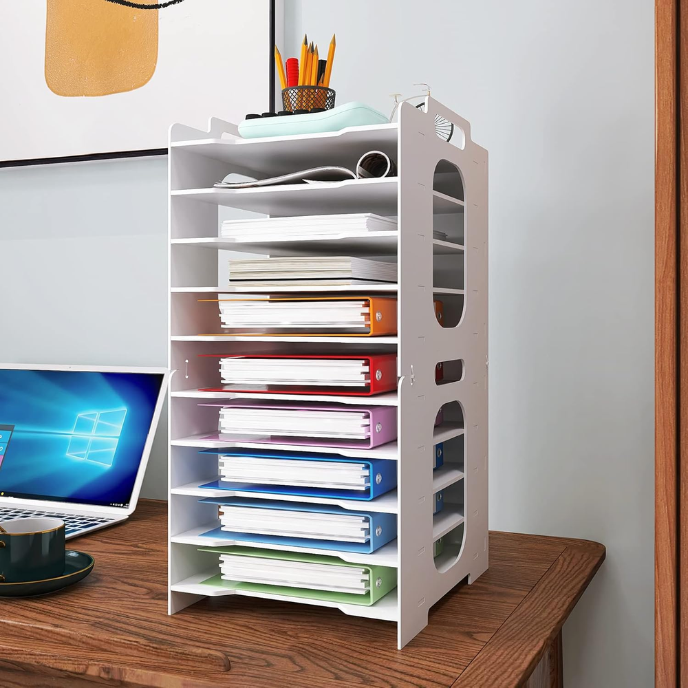Stackable White Paper Organizer for Office Desk – Desktop File Sorter  