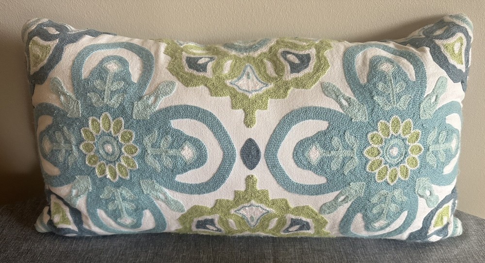Beautiful Canvas Throw Accent Pillow Embroidered 10” x 21” Rectangle -EUC