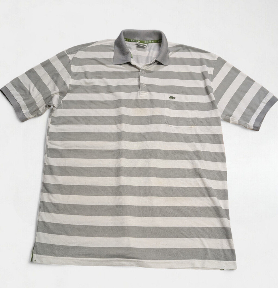 VTG Lacoste Polo Mens Size 6 XL White Gray Striped Shirt Short Sleeve Gator