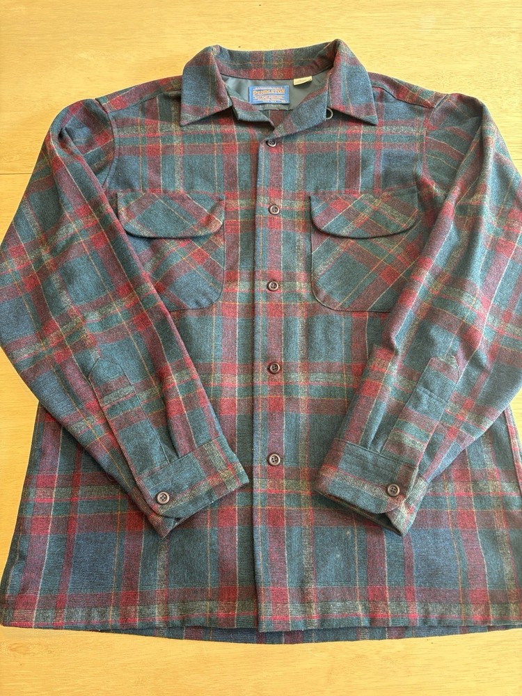 Vintage Pendleton Board Shirt M Plaid Wool Loop Collar Flap Pocket