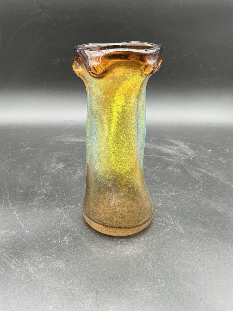 Vintage Murano Style Iridescent Art Glass Vase Gold Aurene Applied Amber Rim