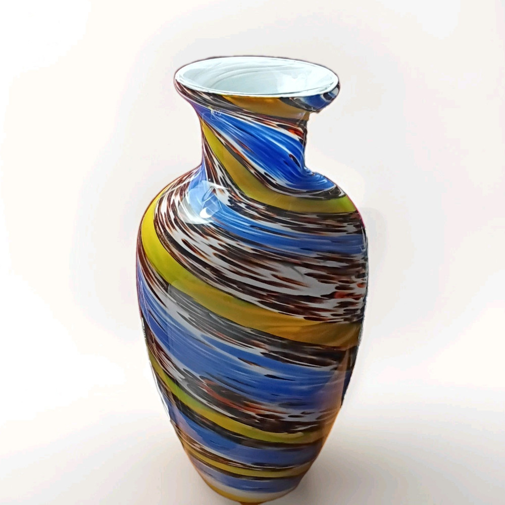 Hand Blown Art Glass Vase Swirl Pattern Multicolor Blue Yellow Brown Decorative