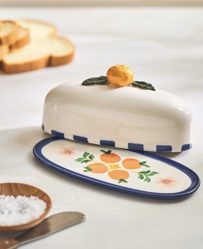 NEW Anthropologie Valencia Citrus Stoneware Butter Dish Lid Tray Orange Summer