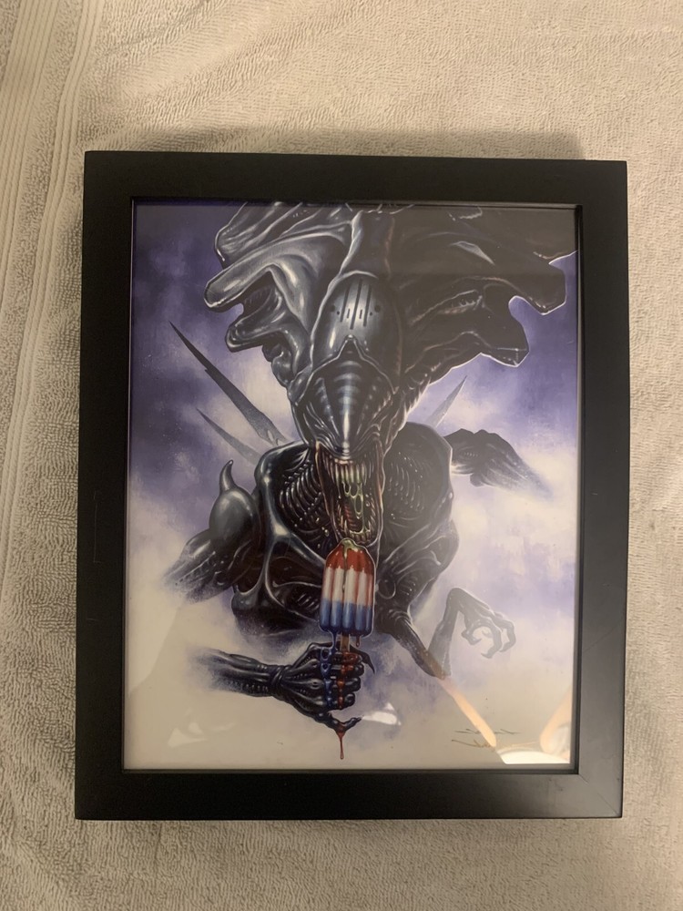 Xenomorph Queen eating a popsicle Art Print  w/ Black Wooden Frame 8 x 10