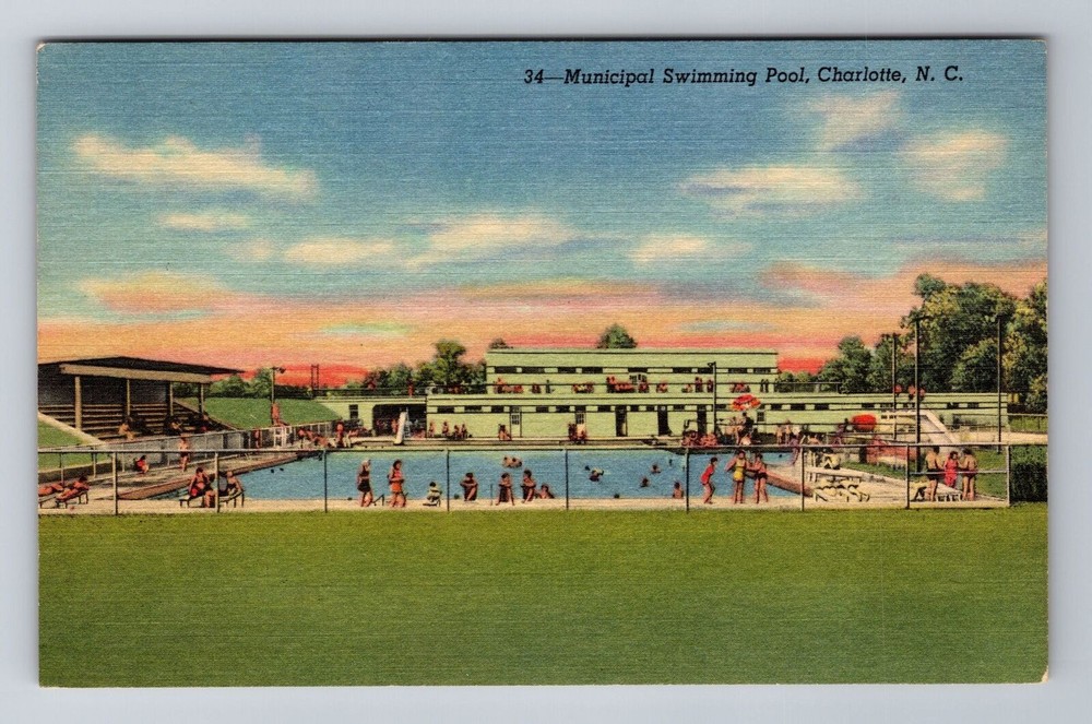 Charlotte NC-North Carolina, Municipal Swimming Pool, Antique Vintage Postcard