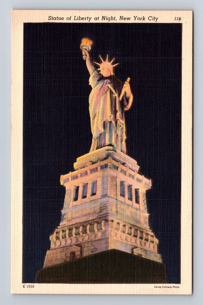 New York City NY, Statue Of Liberty At Night, Vintage Postcard