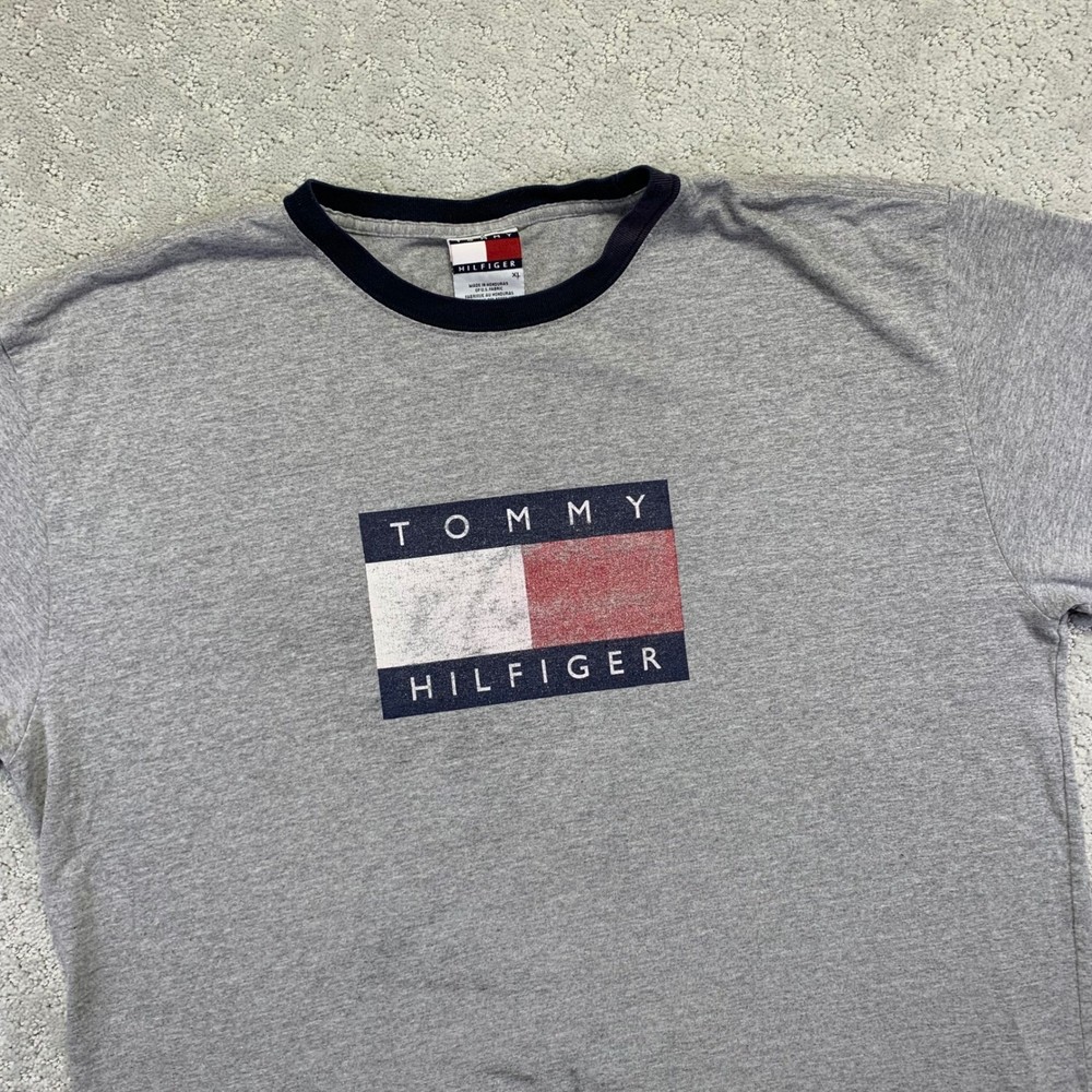 Vintage Tommy Hilfiger Mens Gray Ringer T Shirt XL Logo Graphic Tee Casual Top