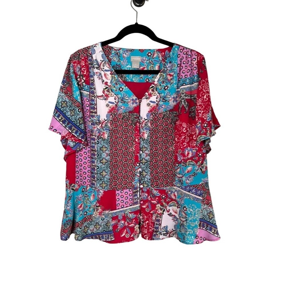 Chicos Womens Red Patchwork Floral Boho Western Pullover Top Summer Retro Style