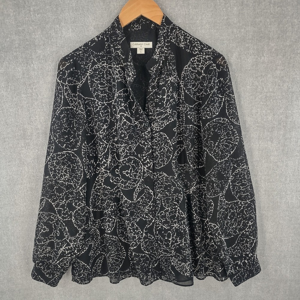 Coldwater Creek Top Womens Large Black Bohemian Relaxed Long Sleeve Button Lined