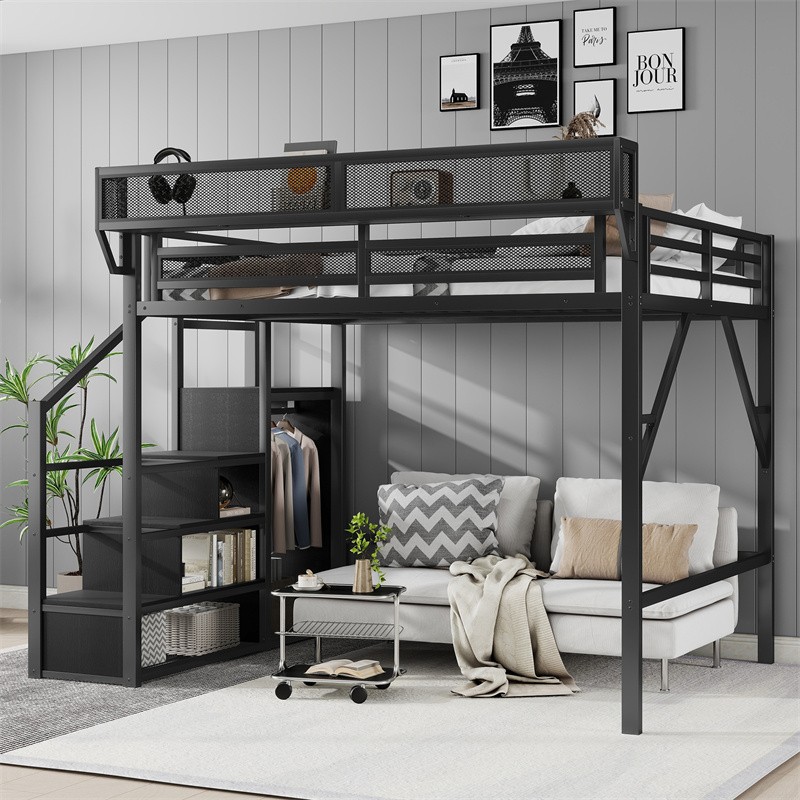 Queen Size Metal High Loft Bed w/Storage Shelves,Storage Stairs & Wardrobe,Black