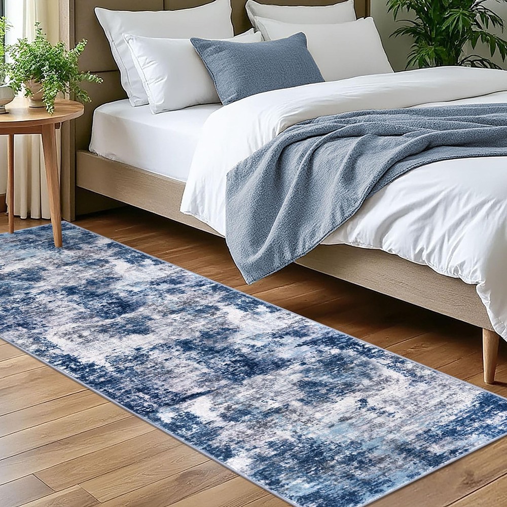 Modern Abstract Runner Rug for Bedroom 2x7, Grey Navy Blue Multi Washable Kit...