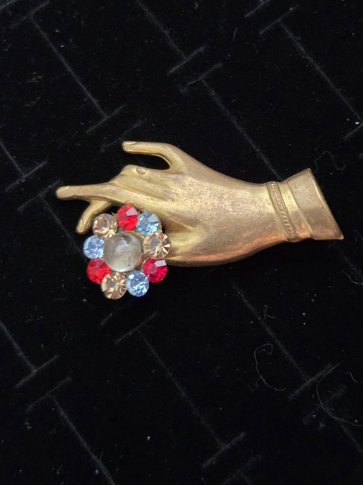 Vintage Hand Brooch Brass With Rhinestone Ring