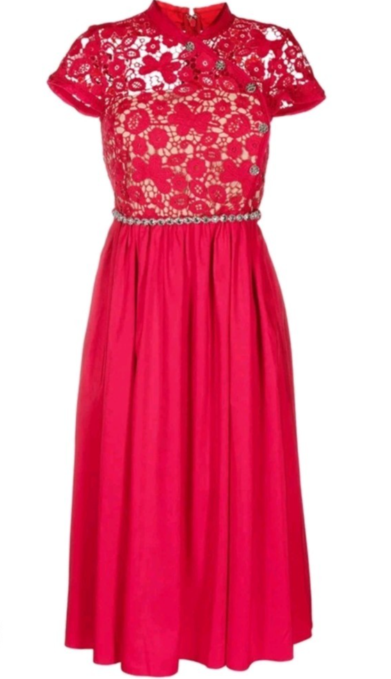 Self-Portrait Red Floral Guipure Lace Midi Dress Size 6 RS22-907R NWOT