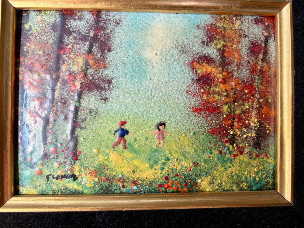 Vintage Flemming Enamel on Copper Painting Children Forest Mid Century Modern