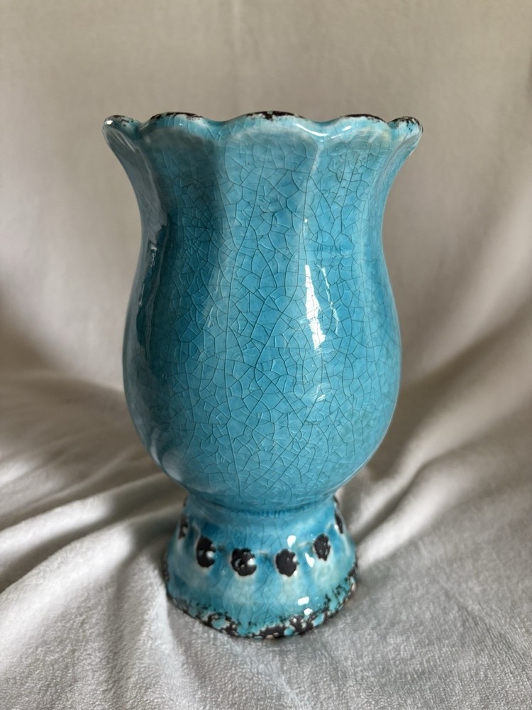 Vintage Turquoise Pottery Vase Rounded Sculptural Modern MCM Coastal Decor Aqua