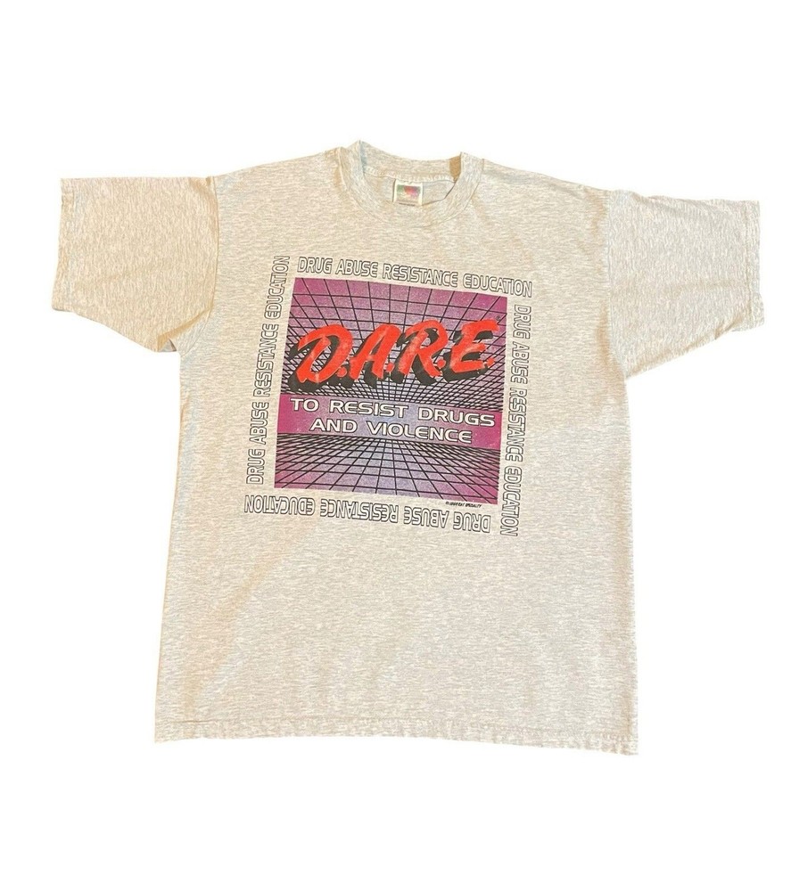 Vintage 90s DARE Grey Faded Distressed Graphic T Shirt Size Large USA Rare