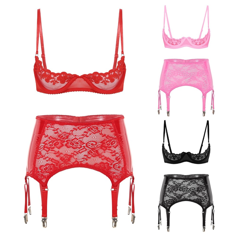 Women Outfit Rave Floral Lace 1/4 Cups Lingerie Underwire Bra Garter Belt Skirts