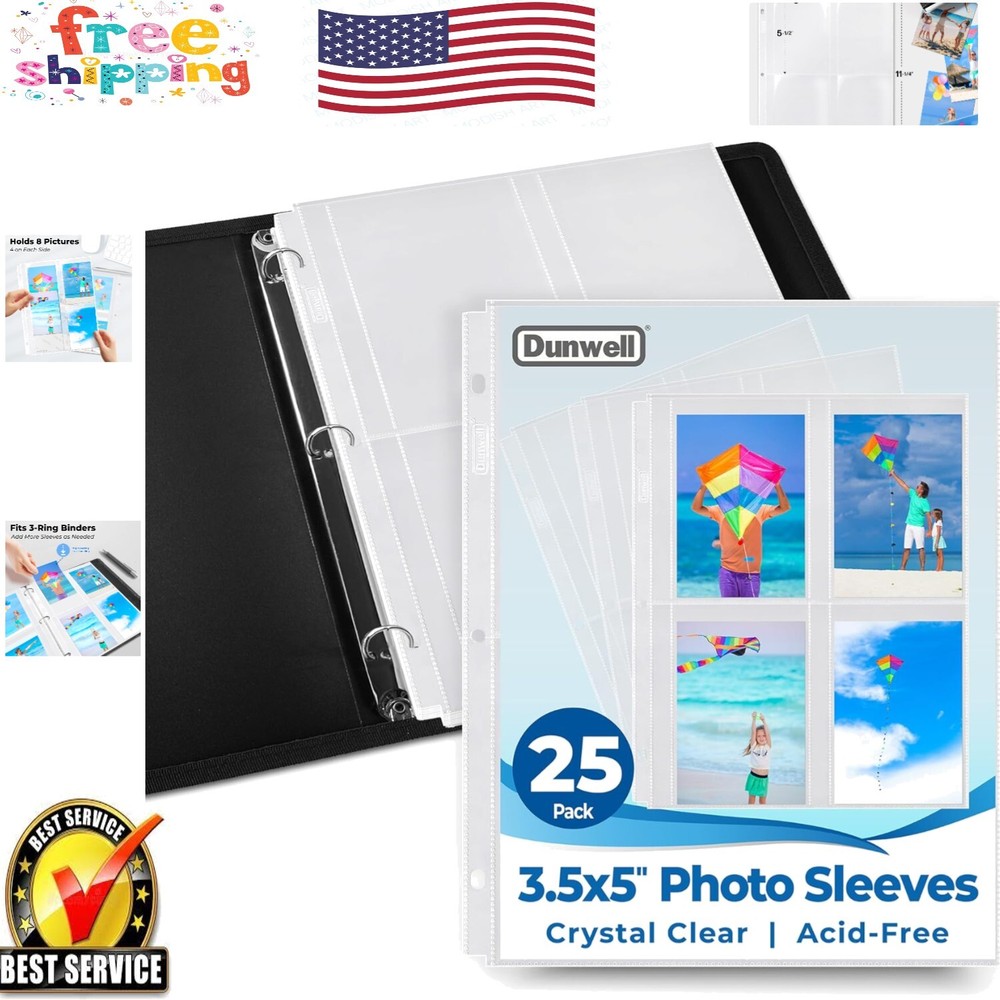25-Pack Acid-Free 3.5x5 Photo Sleeves for 3-Ring Binders - Organize 200 Memories-image