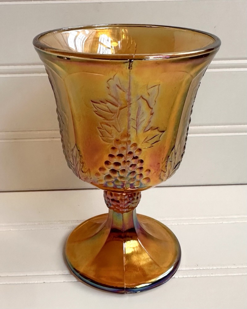 Vintage Indiana Carnival Glass Marigold Goblet Iridescent Amber Harvest Grape