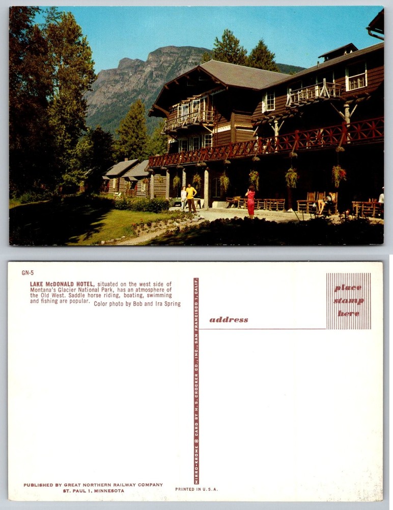 Vintage Lake McDonald Hotel Glacier National Park Montana Mirro-Krome Postcard