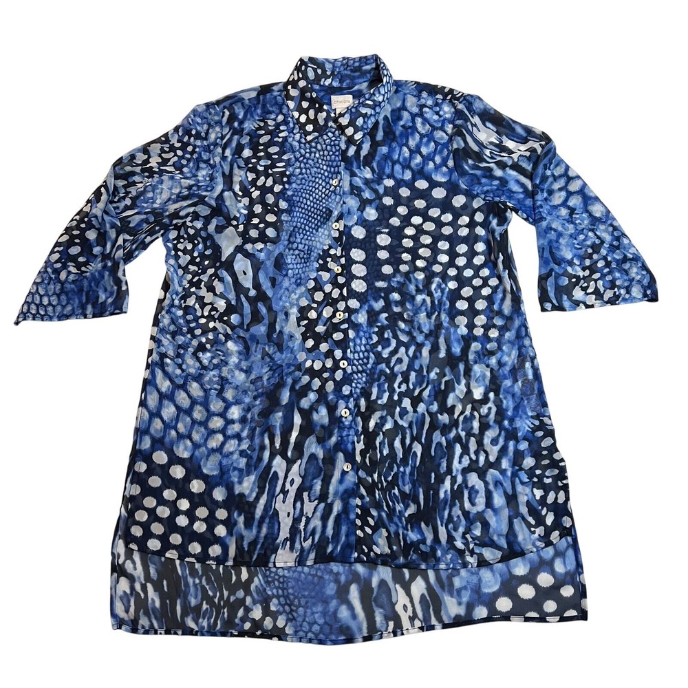 Chico's Leopard Print Semi Sheer Button Up Shirt Tunic Size L/12 Colorful