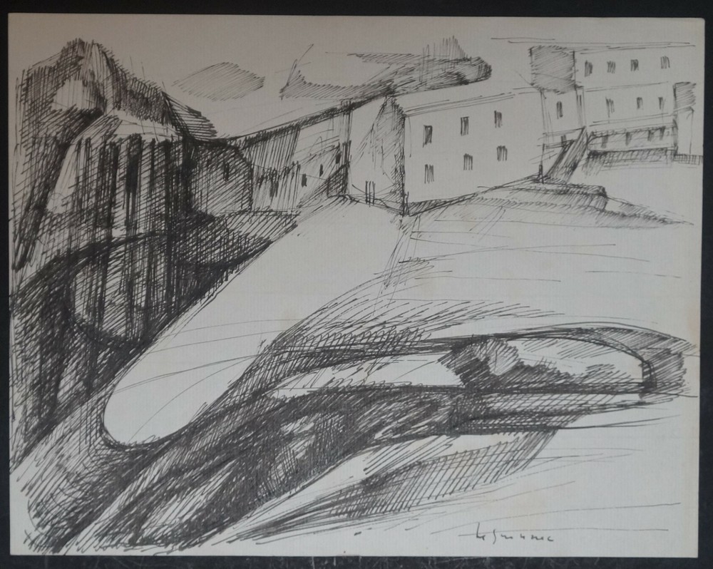 Ink Drawing Breton Landscape by JEAN LE GUENNEC 1924-1988 Signed Artwork