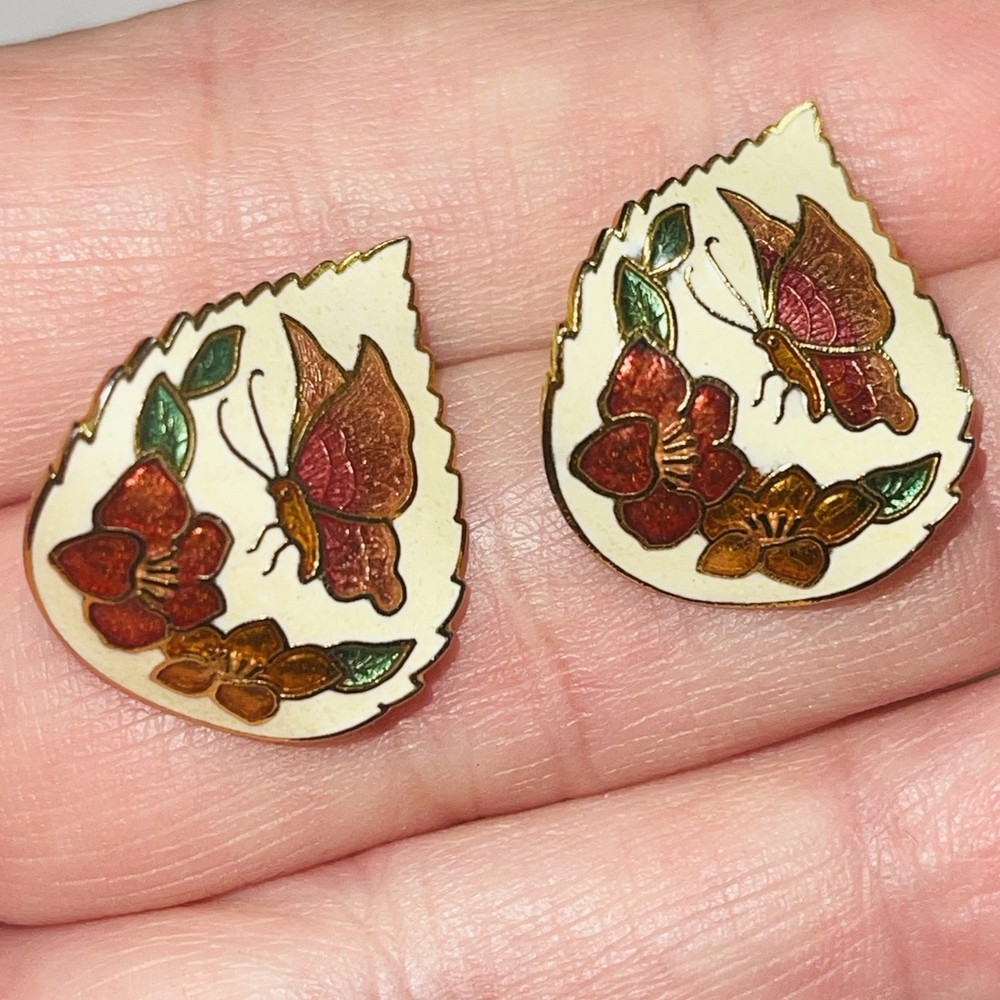 Gold Tone Cloisonne Earrings Vintage Butterfly Flowers Pierced Costume Jewelry