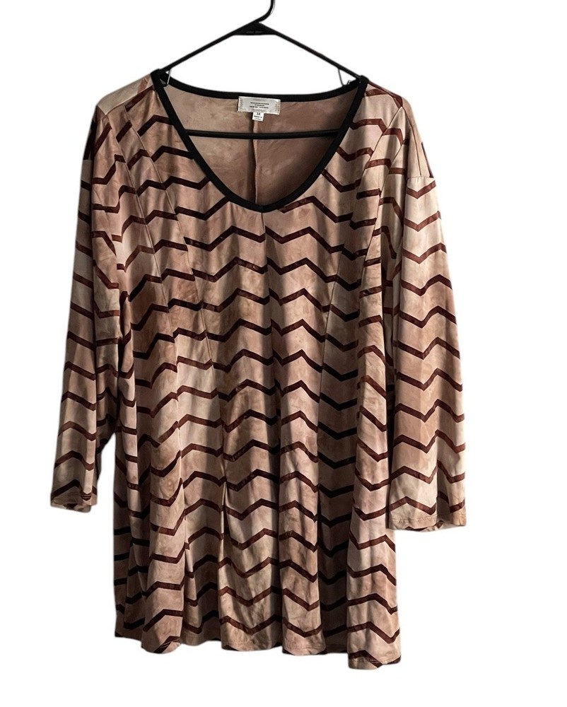 Shannon New York Womens Top 3x Brown Chevron Print Velvet Trim Peplum