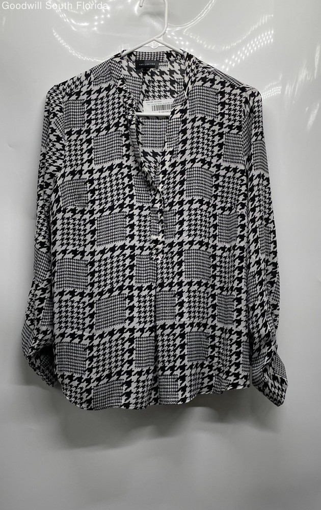 The Limited Womens Black White Houndstooth Split Neck Blouse Top Size M