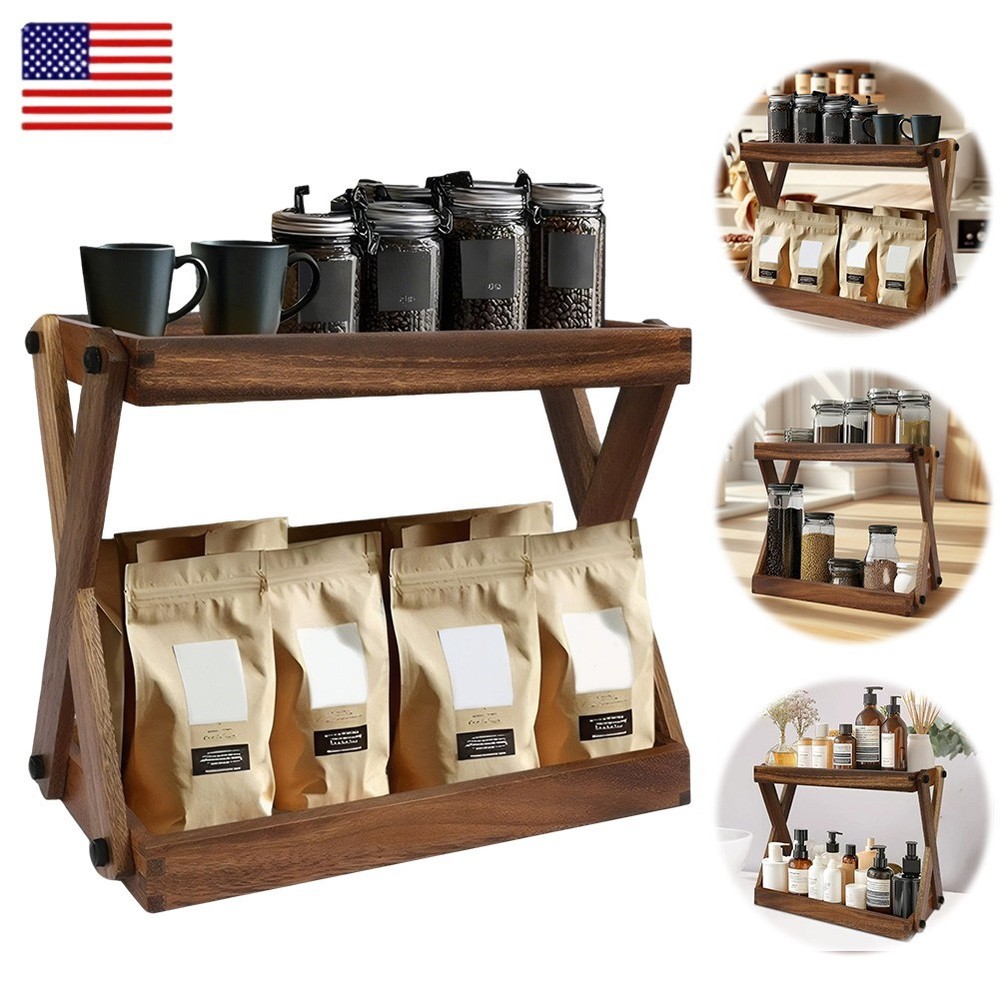 Countertop Coffee Station Organizer, 2 Tier Wooden Shelf Coffee Bar Accessories
