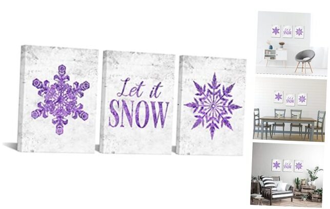 3 Piece Purple Canvas Wall Art Abstract Snowflakes with Snow Quotes Painting-image
